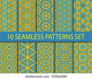 Set of geometric seamless patterns. Ten modern arabic ornaments with swatch for filling.