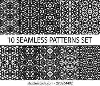 Set of geometric seamless patterns. Ten modern arabic ornaments with swatch for filling.