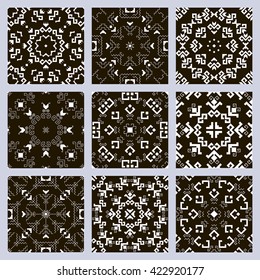 Set of geometric seamless patterns with traditional elements of the Chuvash culture. Black-and-white ethnic pattern. Set isolated from the background. Vector illustration