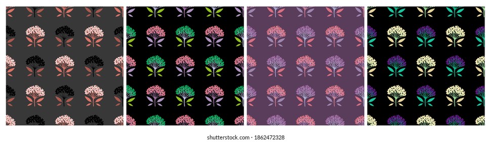 Set of geometric seamless patterns with viburnum berries and tiny leaves. Repeat symmetrical botanical patterns. Vector illustration.