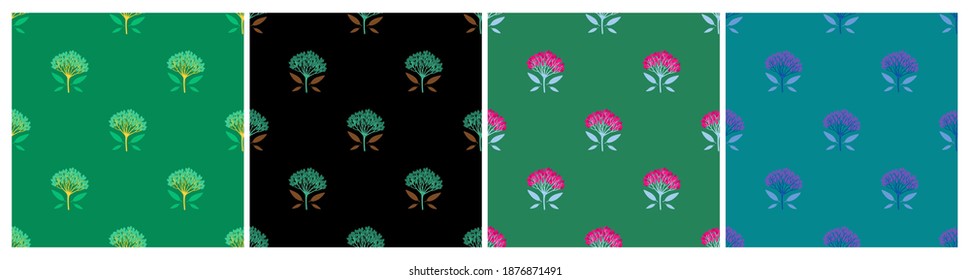 Set of geometric seamless patterns with viburnum berries and tiny leaves. Repeat symmetrical botanical patterns. Vector illustration.