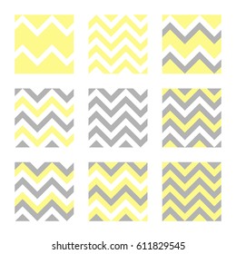 set of geometric seamless patterns, yellow white and grey chevron backgrounds