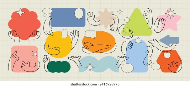 Set of Geometric shape characters, doodle hands, talk bubble texts, in basic style with elements on paper background. Vector illustration for branding, packaging, prints and social media posts.
