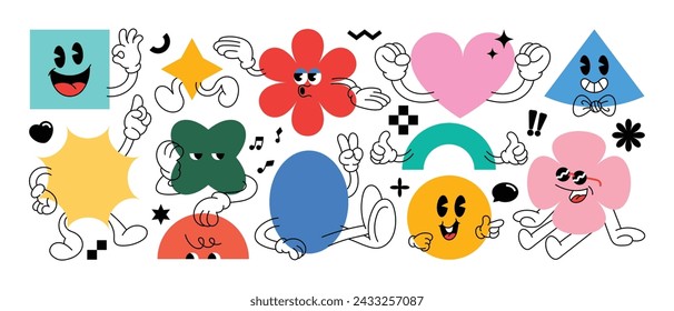 Set of Geometric shape characters, doodle hands, legs, talk bubble texts, in basic style with elements on white background. Vector illustration for branding, packaging, prints and social media posts.