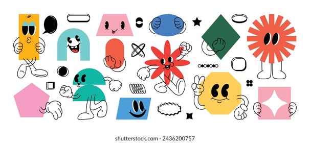 Set of Geometric shape characters, doodle hands, talk bubble texts, in basic style with elements on paper background. Vector illustration for branding, packaging, prints and social media posts.