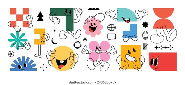 Set of Geometric shape characters, doodle hands, talk bubble texts, in basic style with elements on paper background. Vector illustration for branding, packaging, prints and social media posts.