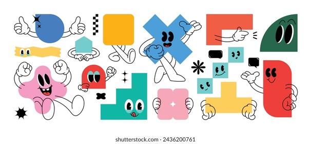 Set of Geometric shape characters, doodle hands, talk bubble texts, in basic style with elements on paper background. Vector illustration for branding, packaging, prints and social media posts.