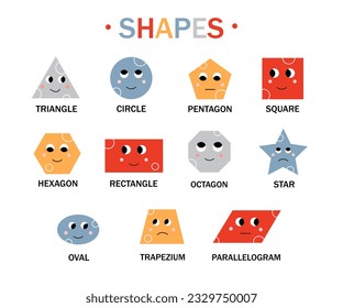 Set of geometric shape characters line. Colorful square, round, hexagon and oval, triangle. Stickers for social networks and messengers. Linear flat vector collection isolated on white background