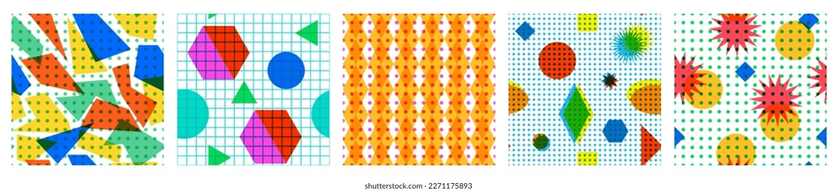 Set of geometric shape seamless patterns in trendy risograph print style. Vector Modern backgrounds for design and card, covers, package, wrapping paper.