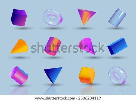 Set of geometric shapes shapes in 3d cartoon design. Cylinders, tori and other shapes are depicted with glossy transparent and matte opaque surfaces in a wonderful color palette. Vector illustration.