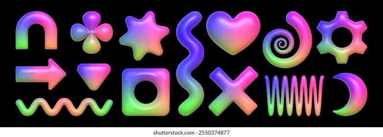 Set of geometric shapes in 3D style. Inflated star shapes, hearts, waves, arrows with a plastic gradient texture of the Y2K aesthetic.