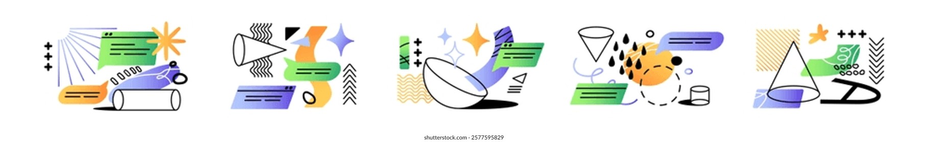 Set of geometric shapes. Abstract compositions with outline forms, figures of geometry, different maths elements, contour circles, speech bubbles, signs. Flat isolated vector illustrations on white