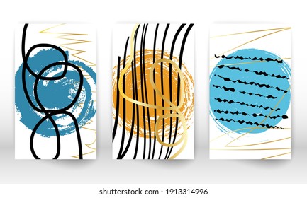 Set of geometric shapes. Abstract hand drawn watercolor effect design elements. Modern art print. Contemporary design with doodle shapes. Golden lines.