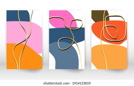 Set of geometric shapes. Abstract hand drawn watercolor effect design elements. Modern art print. Contemporary design with doodle shapes. Golden lines.