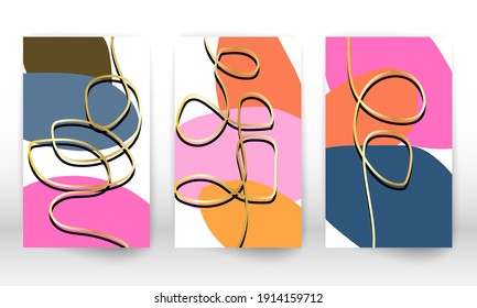 Set of geometric shapes. Abstract hand drawn watercolor effect design elements. Modern art print. Contemporary design with doodle shapes. Golden lines.