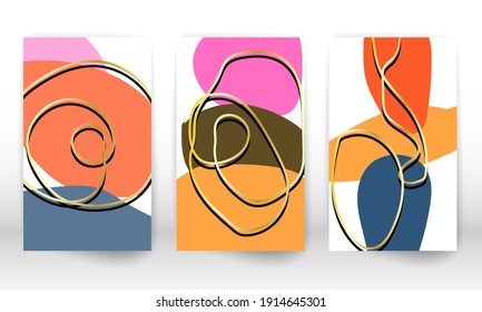 Conjunto de formas geométricas. Resumen de elementos de diseño de efecto acuarela dibujados a mano. Impresión de arte moderno. Diseño contemporáneo con formas de doodle. Líneas doradas.