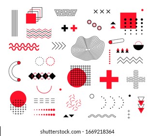 Satz geometrischer Formen. Abstrakte Memphis-Design-Elemente für Web, Retro-Vorlage, Vintage, Werbebanner. Grafikformen der Vektorillustration, angesagte farbige Illustration