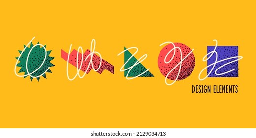 A set of geometric shapes with additional elements. Collection of abstract images for design.