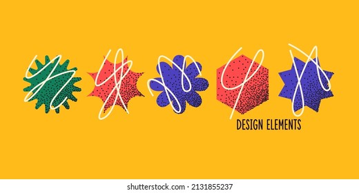 A set of geometric shapes with additional elements. Collection of abstract images for design.