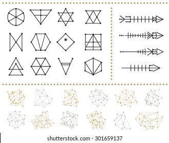Set of geometric shapes and arrows. Trendy hipster icons and logotypes. Religion, philosophy, spirituality, occultism symbols collection. isolated
