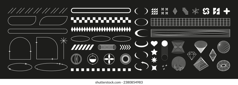 Conjunto de formas geométricas en color negro. Estética futurista de 2000, estilo de rave psicodélico. Elementos de diseño de moda para banners, medios sociales, diseño de afiches, empaque.