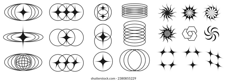 Set of geometric shapes in black color. 00s Y2k retro futuristic aesthetic, psychedelic rave style. Trendy design elements for banners, social media, poster design, packaging.	
