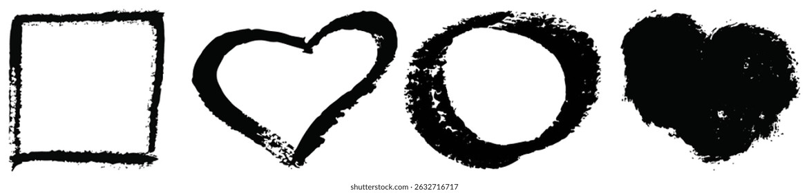 Set of geometric shapes with brush, crayon or marker texture. Crown, heart, infinity and rectangle with sketch lines. Black isolated on a white background, vector illustration.	
