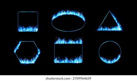 Un conjunto de Formas geométricas con llamas azules ardientes, humo, chispas y efectos de brillo. Marcos mágicos: óvalo, círculo, cuadrado, rectángulo y triángulo. Ilustración vectorial. Fondo negro aislado.