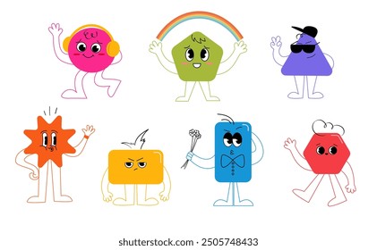 Set of geometric shapes characters with different emotions. Flat vector illustration of rectangle triangle circle trapezoid mascots with doodle elements. Abstract characters with funny faces and emoti