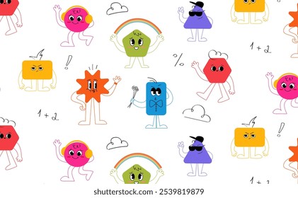 Conjunto de caracteres de formas geométricas com diferentes padrões de emoções. Ilustração de vetor plano de retângulo triângulo círculo trapezoide mascotes com elementos de doodle. Caracteres abstratos com faces engraçadas 