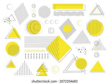 conjunto de formas geométricas (círculo, línea, triángulo, punto). elemento abstracto: en el estilo de una línea. fondo de pantalla memphis, minimalismo. para imprimir, vender, banner, tarjeta.  ilustración de vector