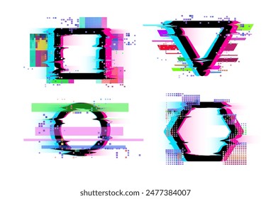 A set of geometric shapes: circle, square, triangle, and hexagon, each rendered in a vibrant glitch art style. This vector illustration set features each shape distorted with colorful digital noise
