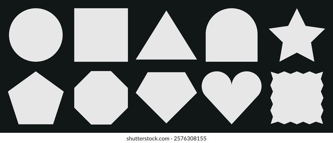 Set of geometric shapes: circle, square, triangle, arch, star, pentagon, octagon, diamond, heart, and zigzag. Simple geometric shapes on a dark background. Memo element vector set.