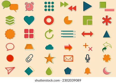 Set of geometric shapes. Colorful cute screen printing effect. Riso print effect. Vector. Graphic element  for fabric, textile, clothing, wrapping paper, wallpaper, poster, logo. 