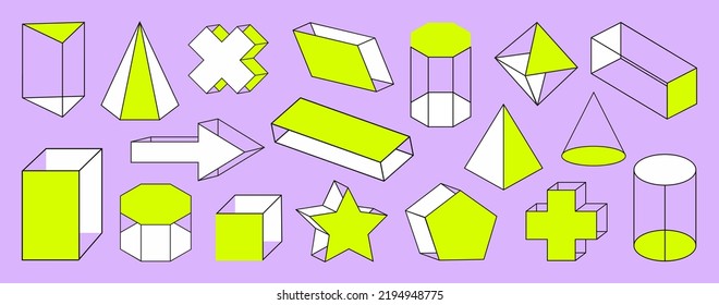Set of geometric shapes: cone, triangular prism, star, arrow, parallelepiped, hexagonal, pentagonal prism, star, cylinder, cube, octahedron, tetrahedron, plus, and cross. Isometric.