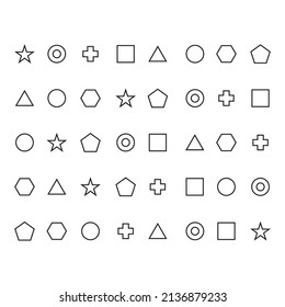 Set of geometric shapes consist of circles, triangles, squares, hexagons, pentagon, plus, stars on white background.