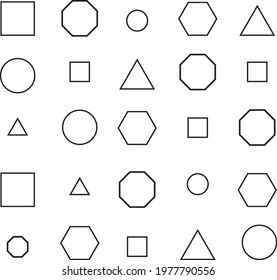 Set of geometric shapes consist of triangles, squares, hexagons, octagons, circles on background.