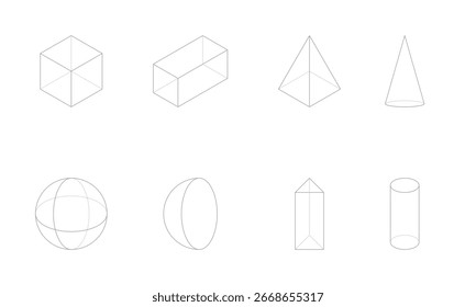 Satz von geometrischen Formen besteht aus würfelförmigen quaderförmigen Pyramidenkegel Kugel Halbkugel Prisma und Zylinder. Vektorgrafik.