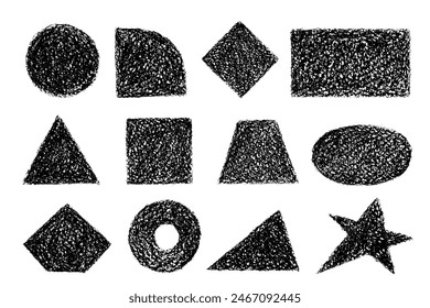 Set of geometric shapes with crayon or charcoal texture. Hand drawn black doodle grunge elements. Handwriting graffiti chalk or pencil figures.