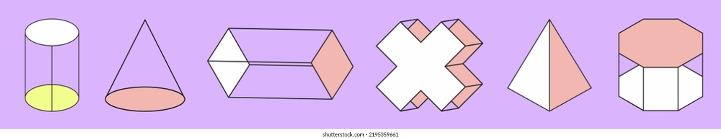 Set of geometric shapes: cylinder, cone, parallelepiped, cross, hexagonal, and tetrahedron. Isometric.