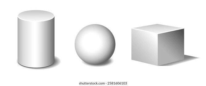 Set of geometric shapes (cylinder, sphere, cube) on a white background. Vector 3d illustration