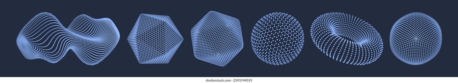 Set of geometric shapes for design. Crystal, sphere, torus, cube and wave made up of small particles. Objects with dots. Grid. Connection structure for education and science. Vector illustration.