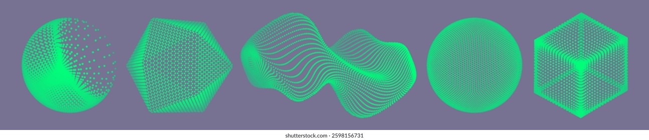 Set of geometric shapes for design. Crystal, sphere, cube and wave made up of small particles. Objects with dots. Grid. Connection structure for education and science. Vector illustration.