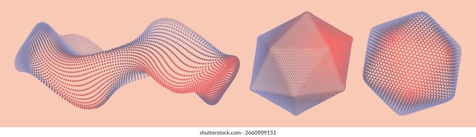 Set of geometric shapes for design. Crystal and wave made up of small particles. Objects with dots. Grid. Connection structure for education and science. 3D vector illustration.