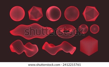 Set of geometric shapes for design. Crystal, sphere, torus, cube and wave made up of small particles. Objects with dots. Grid. Connection structure for education and science. Vector illustration.