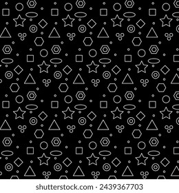 Set of geometric shapes designs. Seamless color pattern on a black background. Creative collection of abstract art for kids or holiday design. Simple children's drawings with a textured print on the w