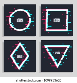 Set of geometric shapes in distorted glitch style. Glitched frames set. Modern trendy backgrounds for design card, poster, flyer, cover, banner. Vector illustration