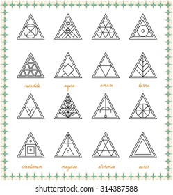 Set of geometric shapes. Geometric drawing, triangle design. Trendy hipster gold icons and logotypes. Religion, philosophy, spirituality, occultism symbols collection.