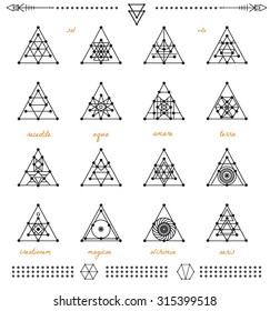 Set of geometric shapes. Geometric drawing, triangle design. Trendy hipster gold icons and logotypes. Religion, philosophy, spirituality, occultism symbols collection.