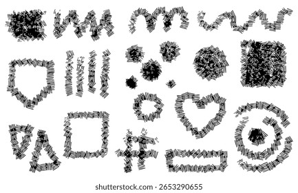 Satz von geometrischen Formen, die von Hand mit Strichen gezeichnet werden. Formen, Linien, Kreis, Rechteck. Drucken mit Rauschen, Drucken mit Tinte, Drucken mit Tinte. Mehrschichtige Linien. Eine Gruppe von Linien in Form von